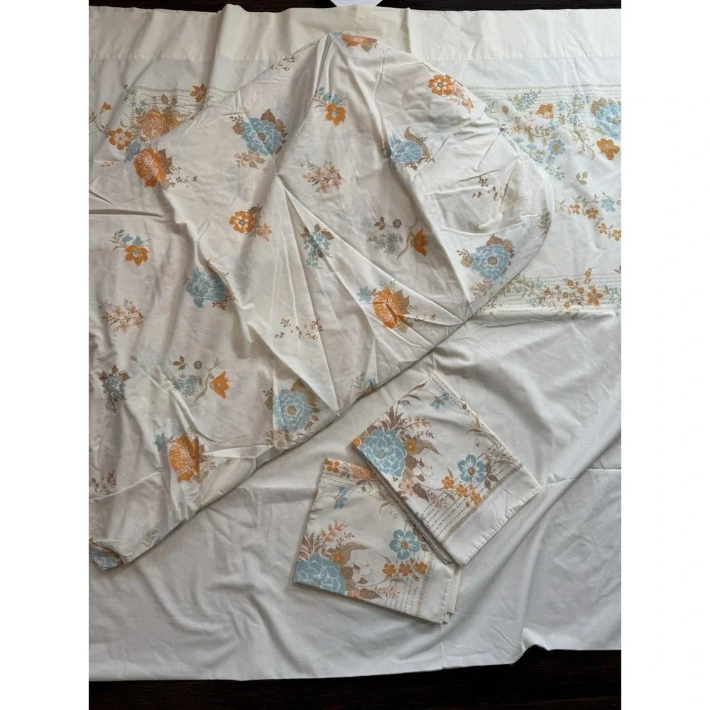 VTG FULL Sheet Set Tan Orange Blue Floral Flowers Tastemaker Percale 70s‎ Hippie